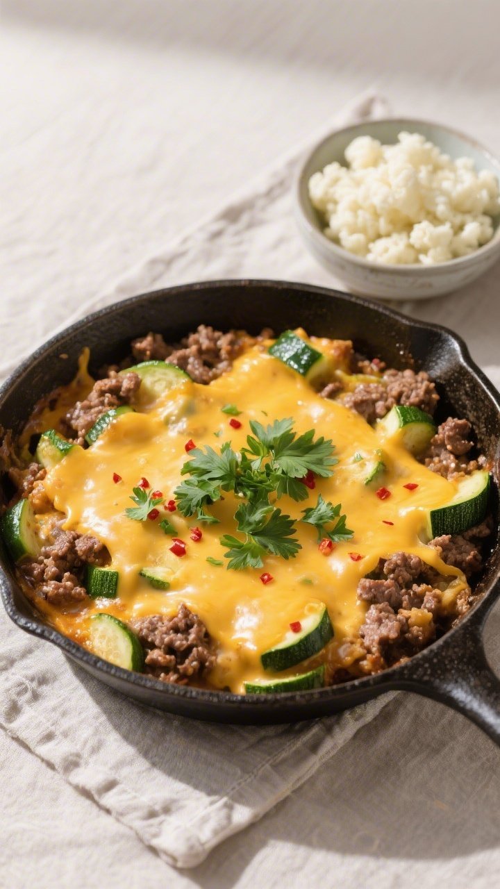 Tasty top view: Overhead shot of the finished keto hamburger zucchini skillet, melted cheddar and Mo