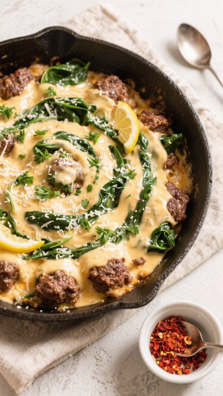 Tasty top view: Overhead shot of the finished Keto Creamy Spinach Hamburger Skillet in the pan, surf