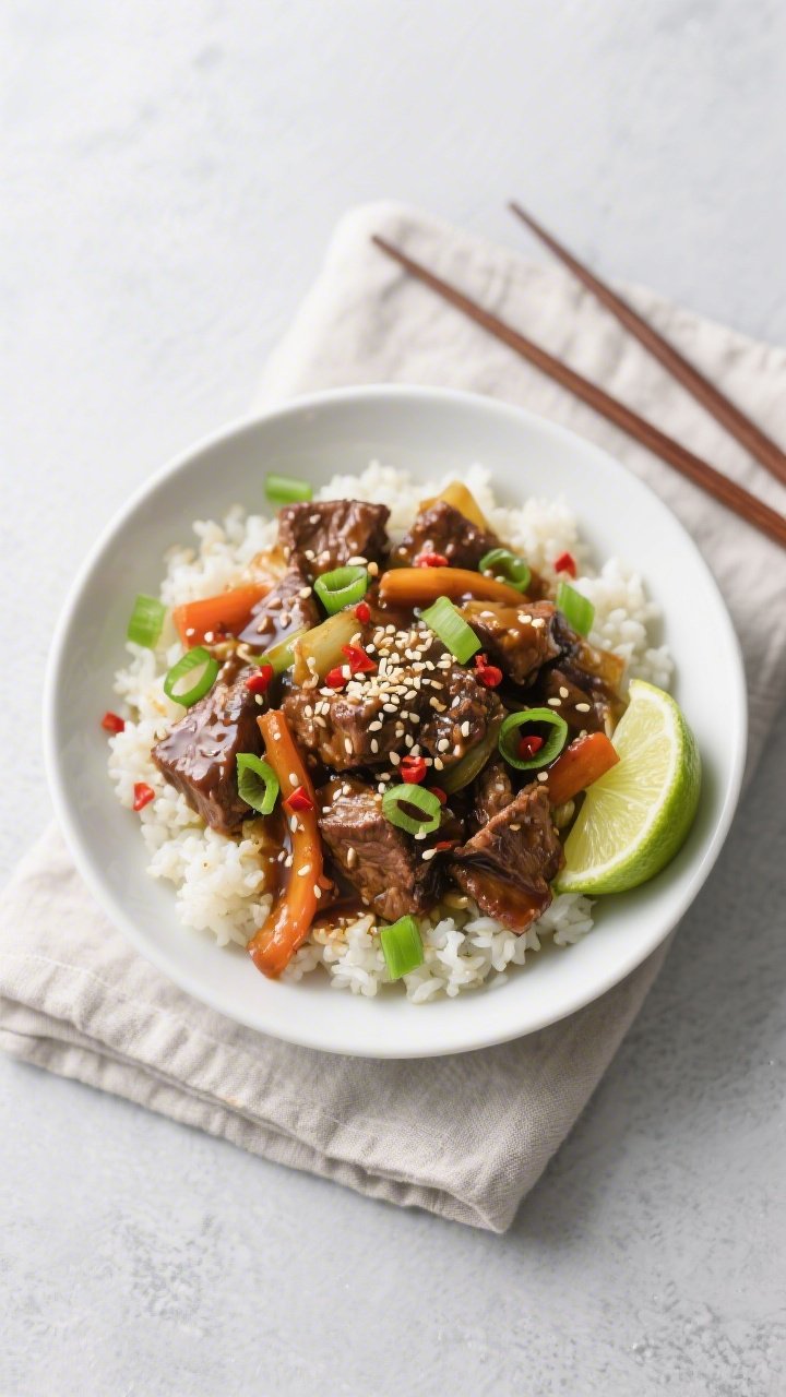 Tasty top view: Overhead shot of the finished Keto Teriyaki Hamburger Stir Fry served over fluffy ca
