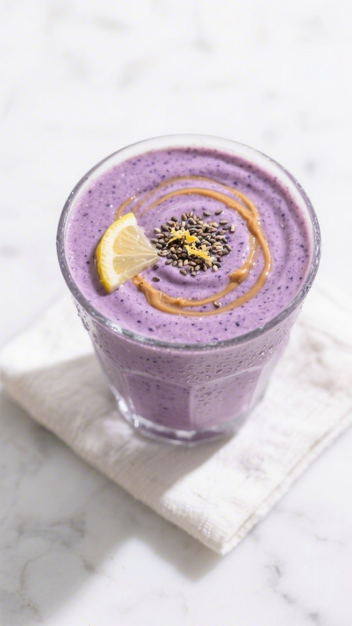 Tasty top view: Overhead shot of the finished keto blueberry smoothie in a clear glass, ultra-smooth