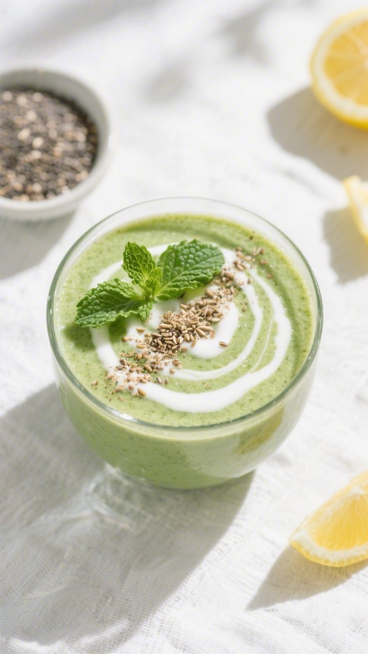 Tasty top view: Overhead shot of the finished Keto Green Smoothie in a wide, low glass, velvety pale
