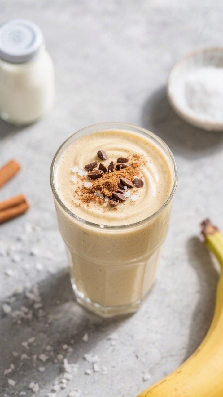 Tasty top view: Overhead shot of the finished keto banana flavor smoothie in a clear tumbler, topped