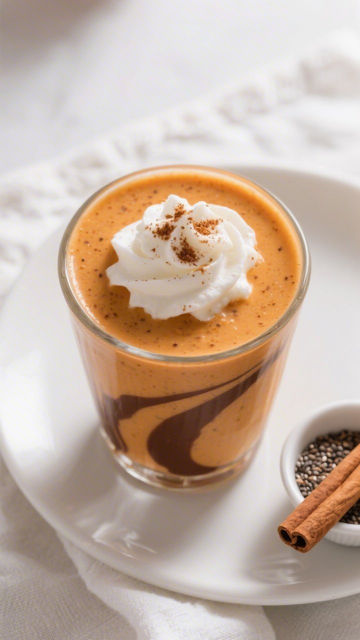 Tasty top view: Overhead shot of the finished Keto Pumpkin Smoothie in a short wide glass, topped wi