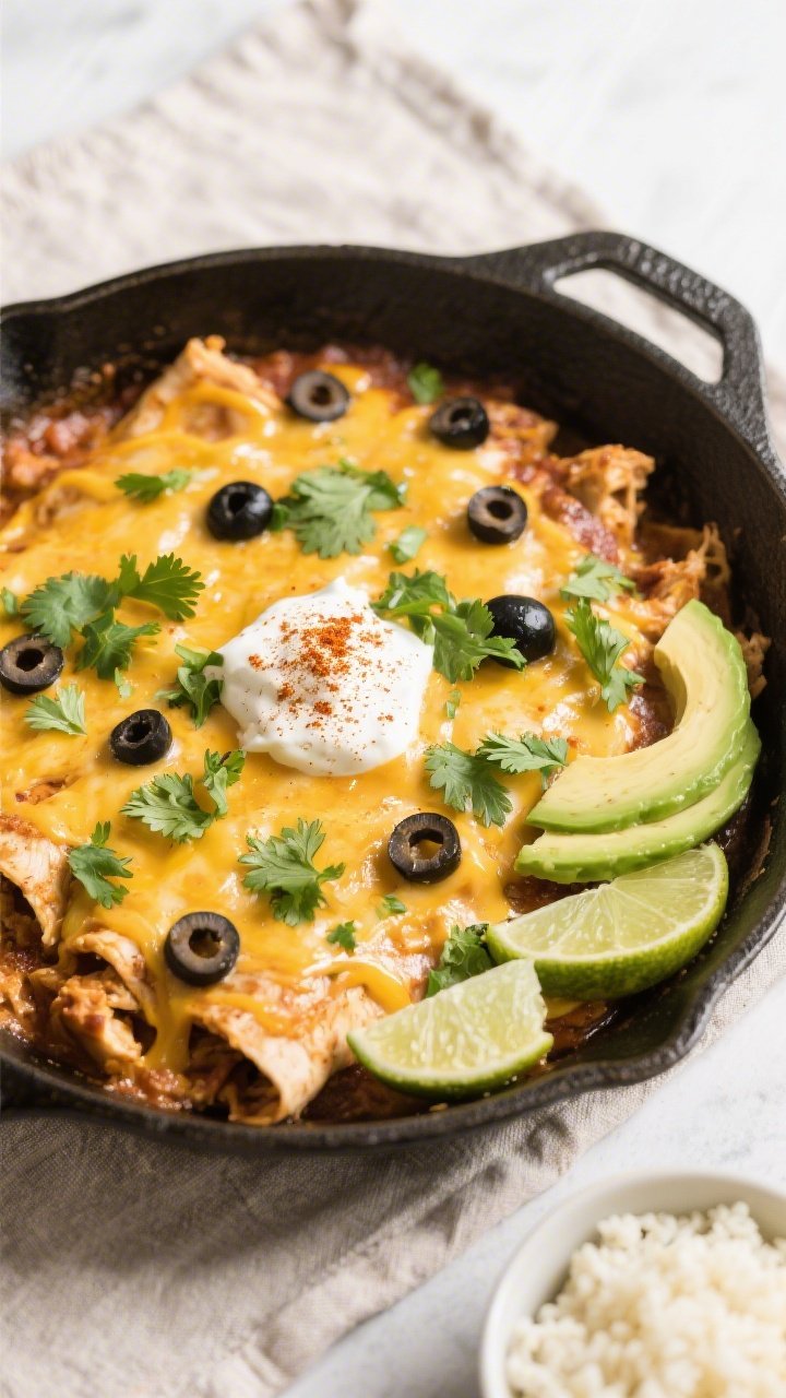 Tasty top view: Overhead shot of the finished keto chicken enchilada skillet, blanket of melted Mont