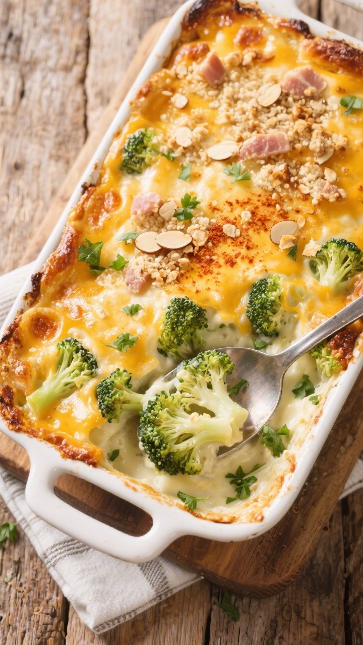 Tasty top view: Overhead shot of the finished Keto Cheesy Broccoli Casserole, edges caramelized and