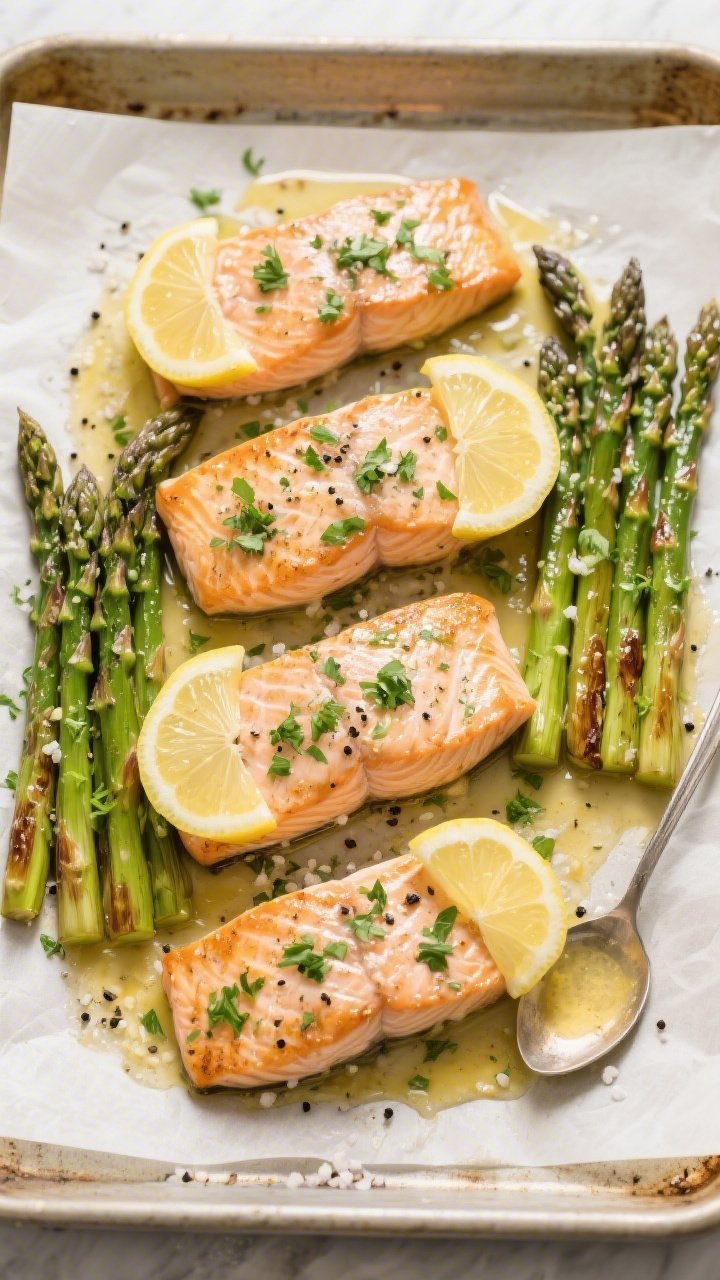 Tasty top view: Overhead shot of the finished one-pan lemon garlic salmon and asparagus straight fro