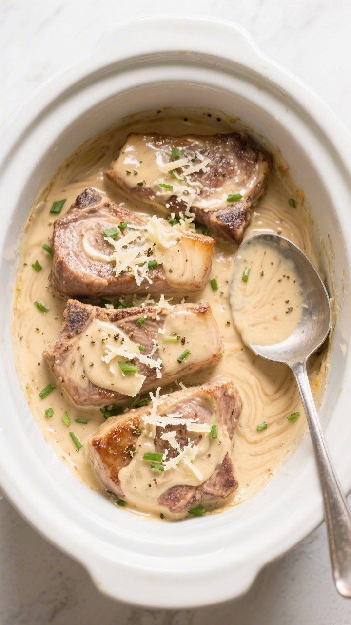 Tasty top view: Overhead shot of the finished pork chops returned to the slow cooker, bathed in smoo