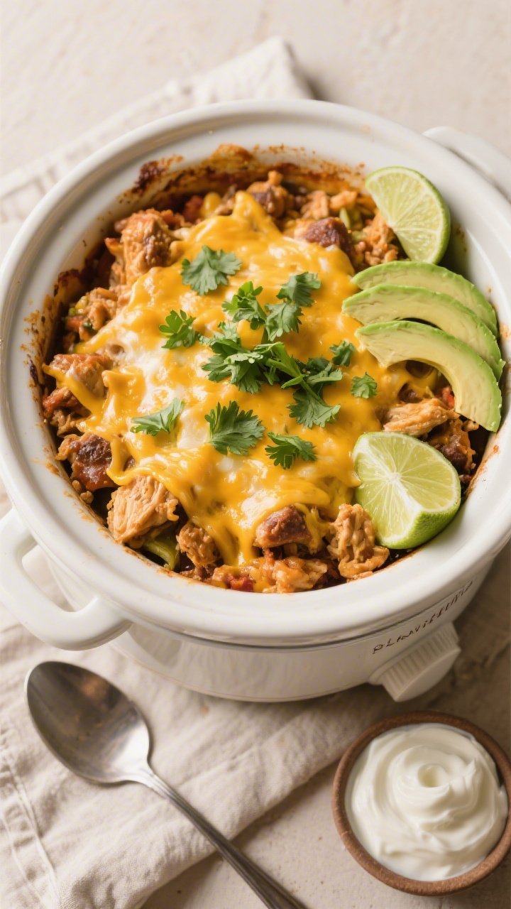 Tasty top view: Overhead shot of the finished Slow Cooker Keto Taco Chicken Casserole in the crock,