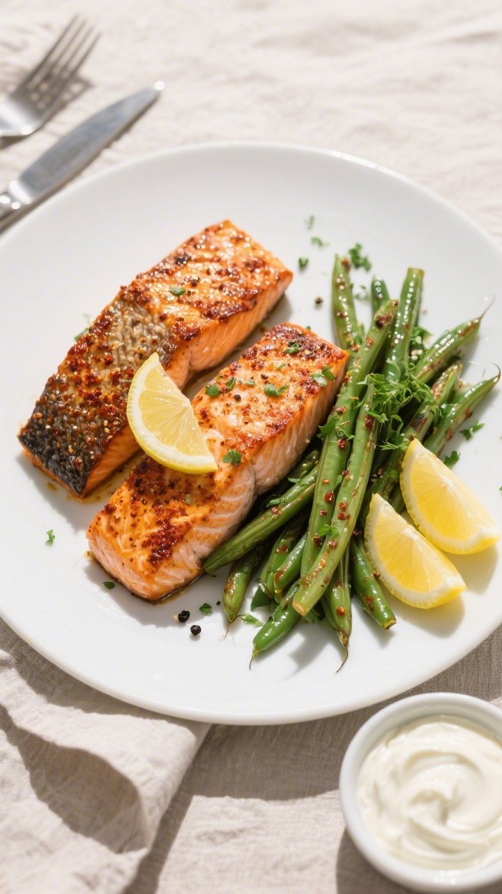 Tasty top view: Overhead shot of the finished Spicy Cajun Salmon & Green Beans plated on a matte whi