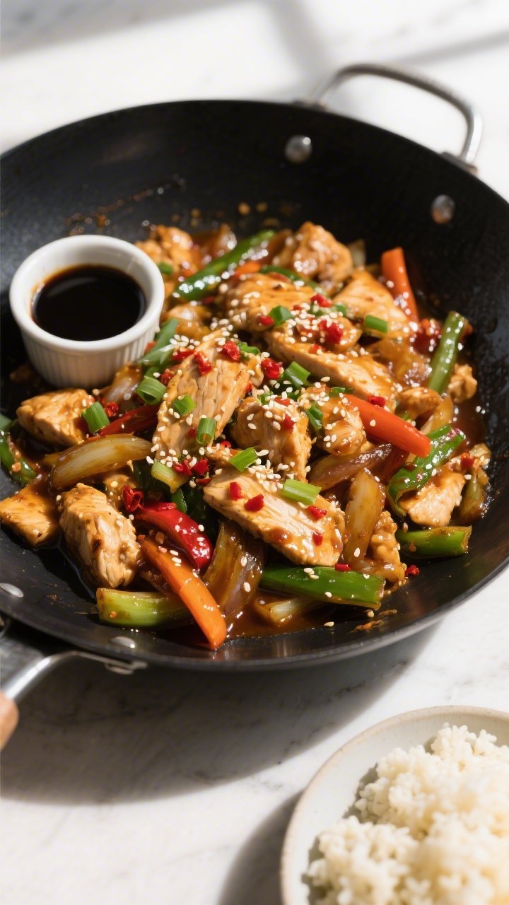 Tasty top view: Overhead shot of the finished stir fry in a black carbon-steel wok just after tossin