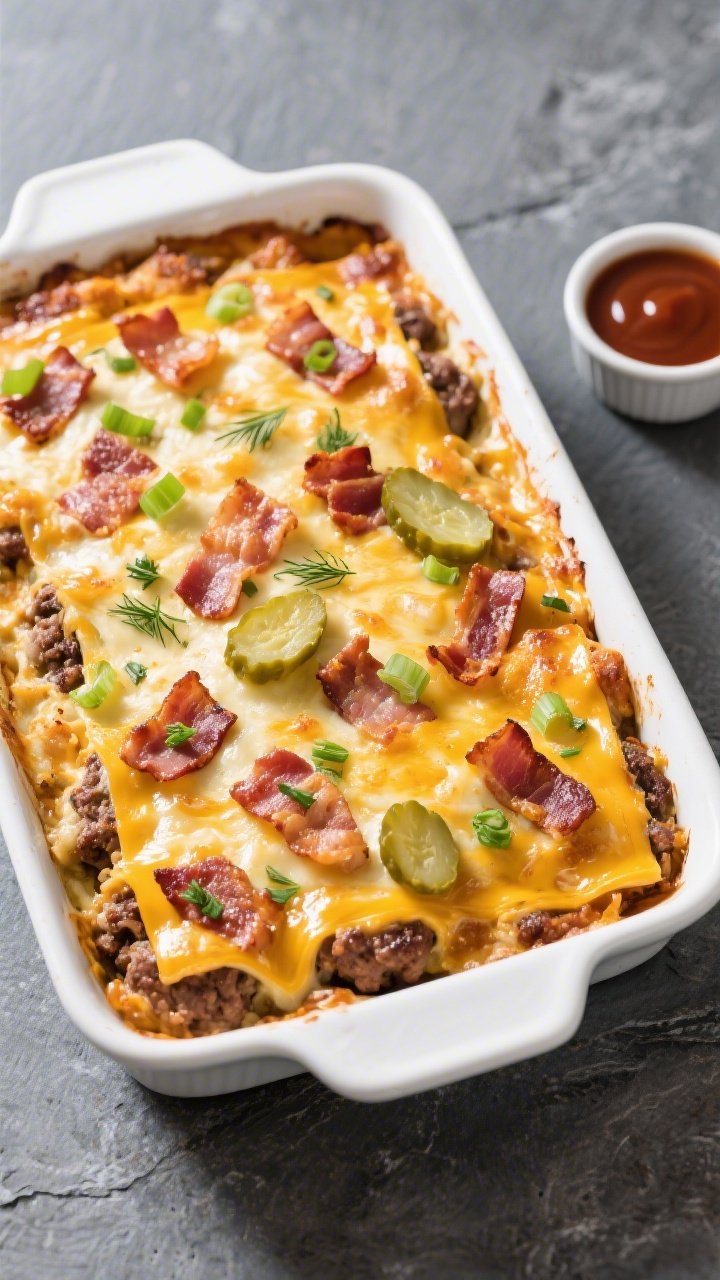 Tasty top view: Overhead shot of the Keto BBQ Bacon Cheeseburger Bake fresh from the oven in a 9x13 