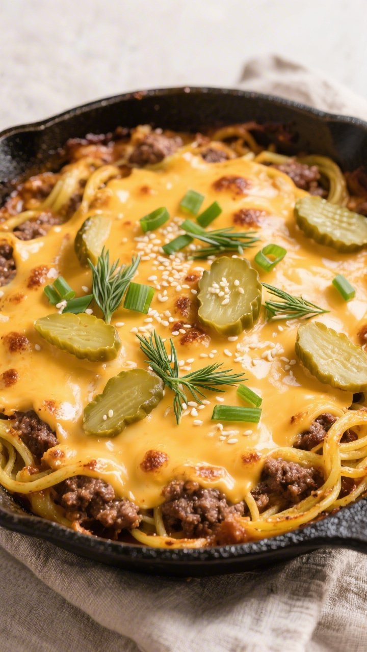 Tasty top view: Overhead shot of the Keto Cheeseburger Spaghetti Squash Skillet just after broiling,