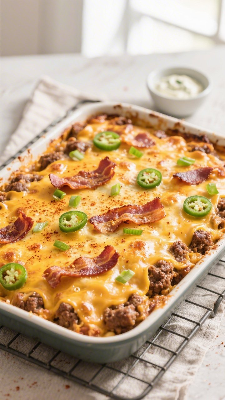Tasty top view: Overhead shot of the Keto Crack Hamburger Casserole just out of the oven in a 9x13 b