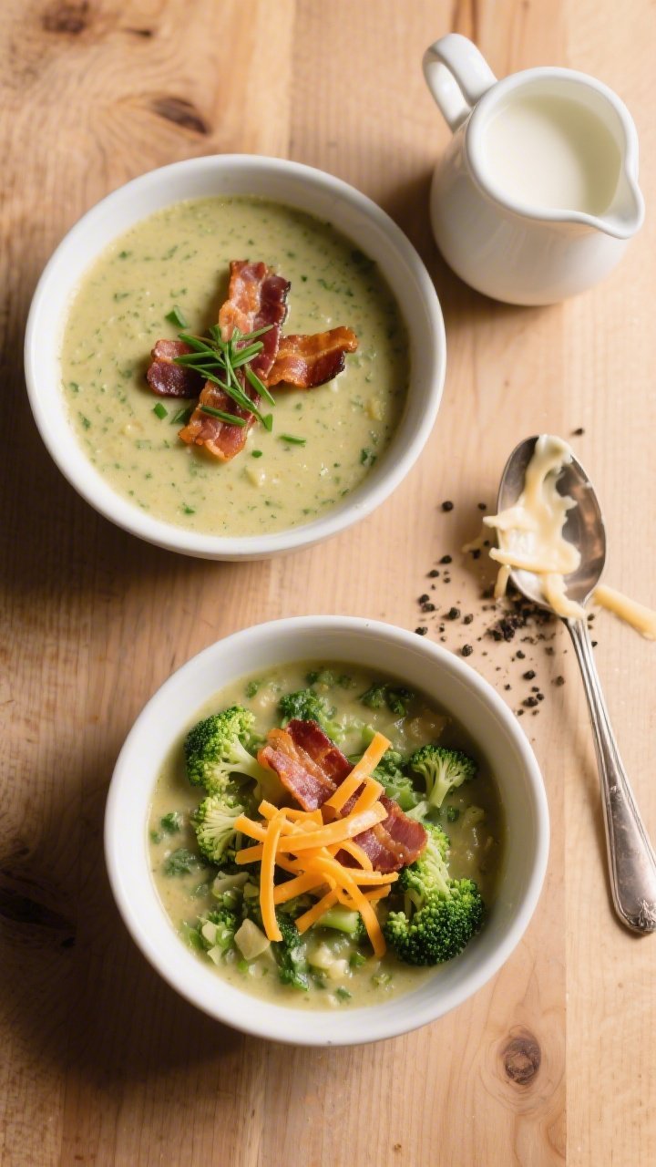 Tasty top view: Overhead shot of two bowls of the finished soup with varied textures—one smoothly 