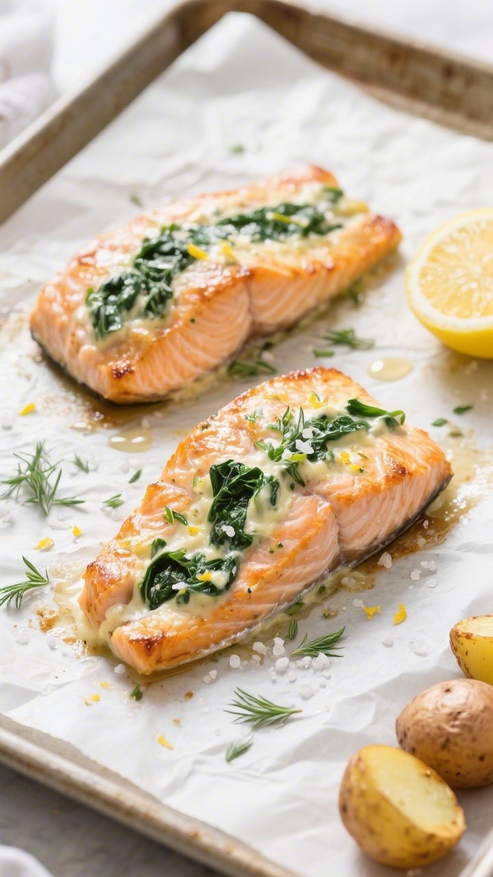 Tasty top view: Overhead shot of two creamy spinach stuffed salmon fillets just out of the oven on a