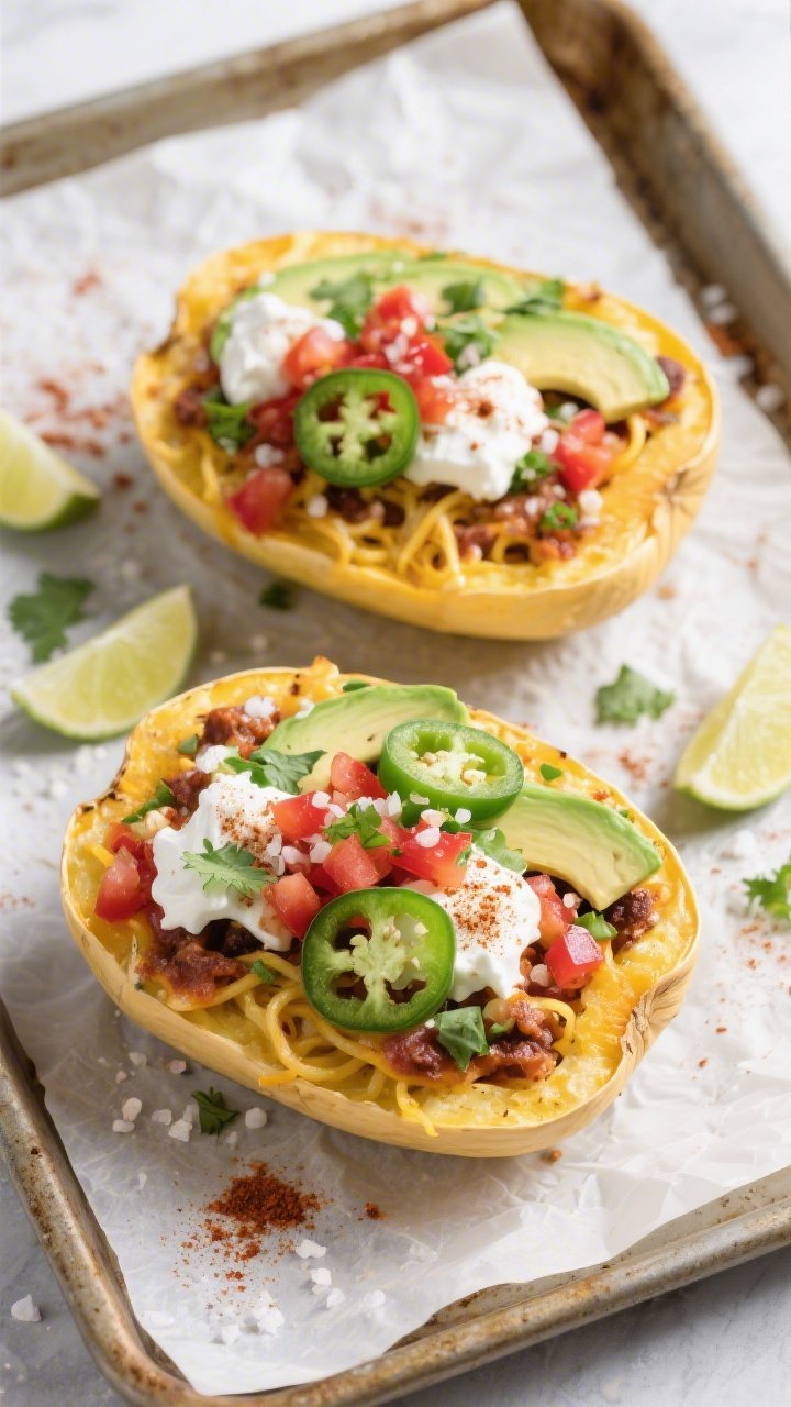Tasty top view: Overhead shot of two finished Keto Loaded Taco Spaghetti Squash Boats on a parchment