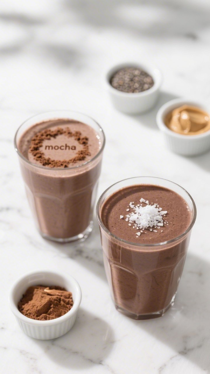 Tasty top view: Overhead shot of two smaller servings of the smoothie for sharing, thick and uniform