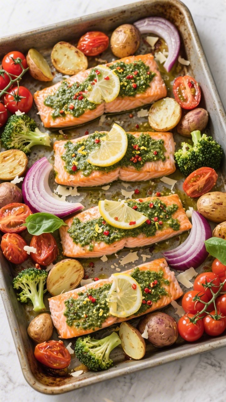 Tasty top-view, overhead shot: One-pan dinner right out of the oven — four pesto-topped salmon fil
