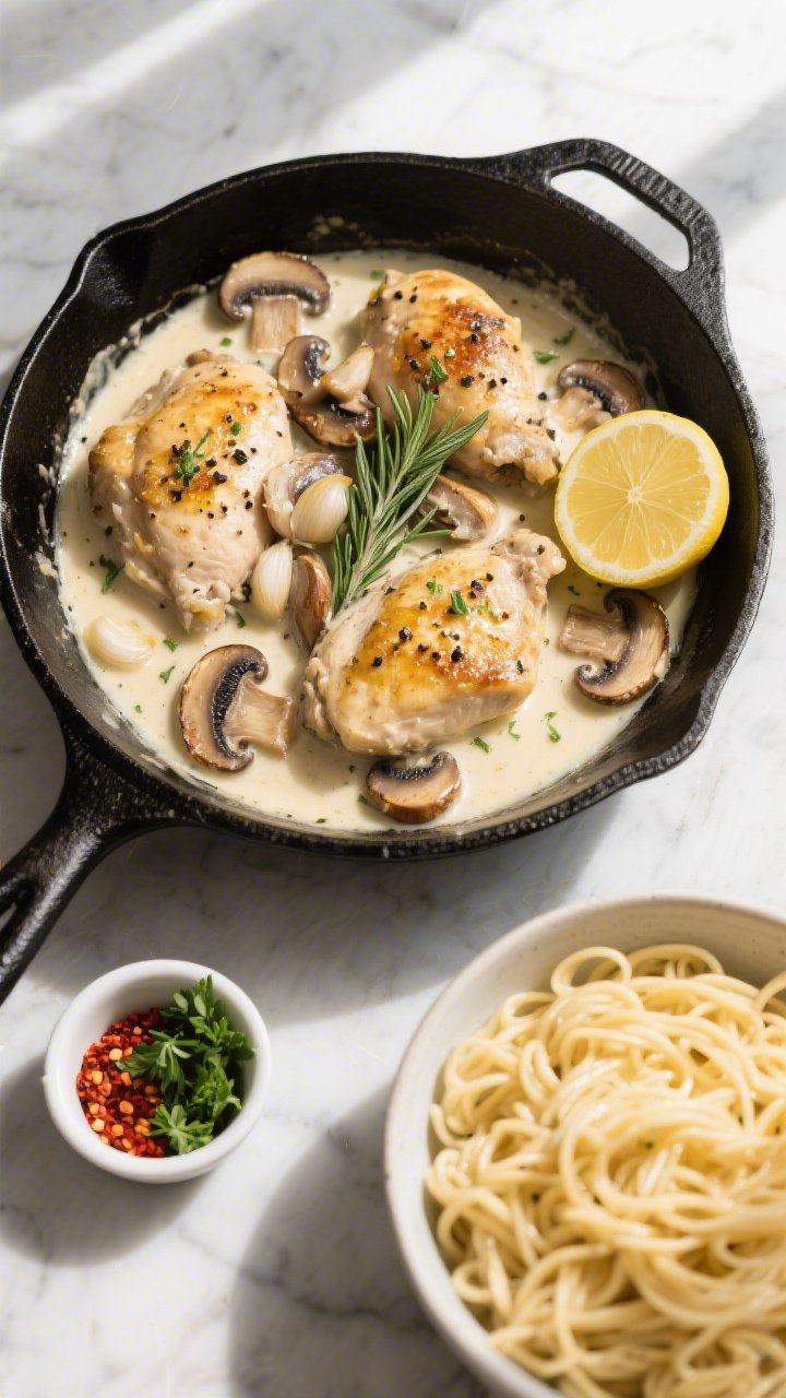Tasty top-view, overhead shot: Overhead image of Creamy Garlic Mushroom Chicken family-style in a bl