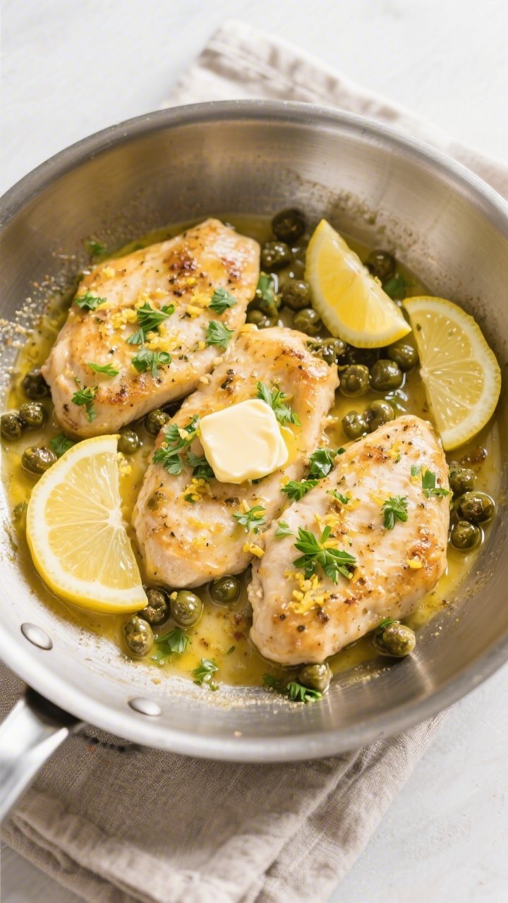 Tasty top view, overhead shot: Overhead shot of Keto Chicken Piccata in the skillet just before serv