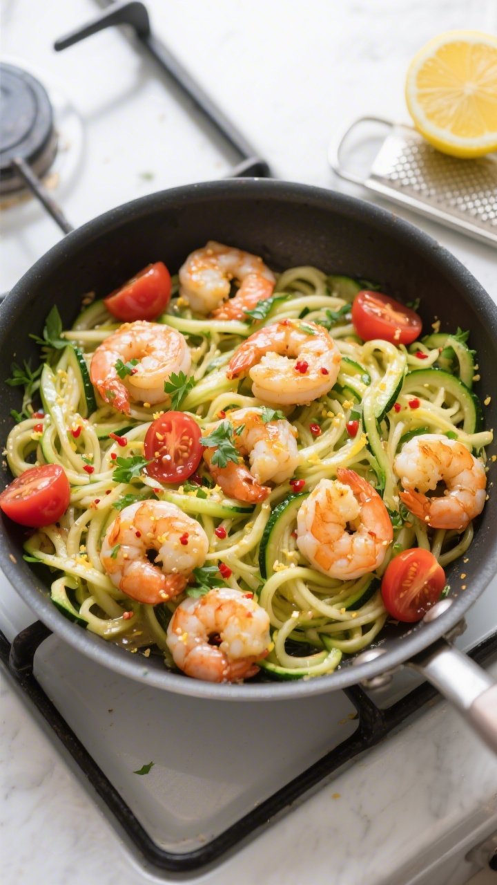 Tasty top view, overhead shot: Overhead shot of Lemon Garlic Shrimp & Zoodles just tossed in the pan