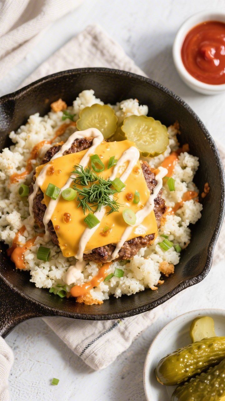 Tasty top view, overhead shot: Overhead shot of the finished Low Carb Cheeseburger Skillet with rice