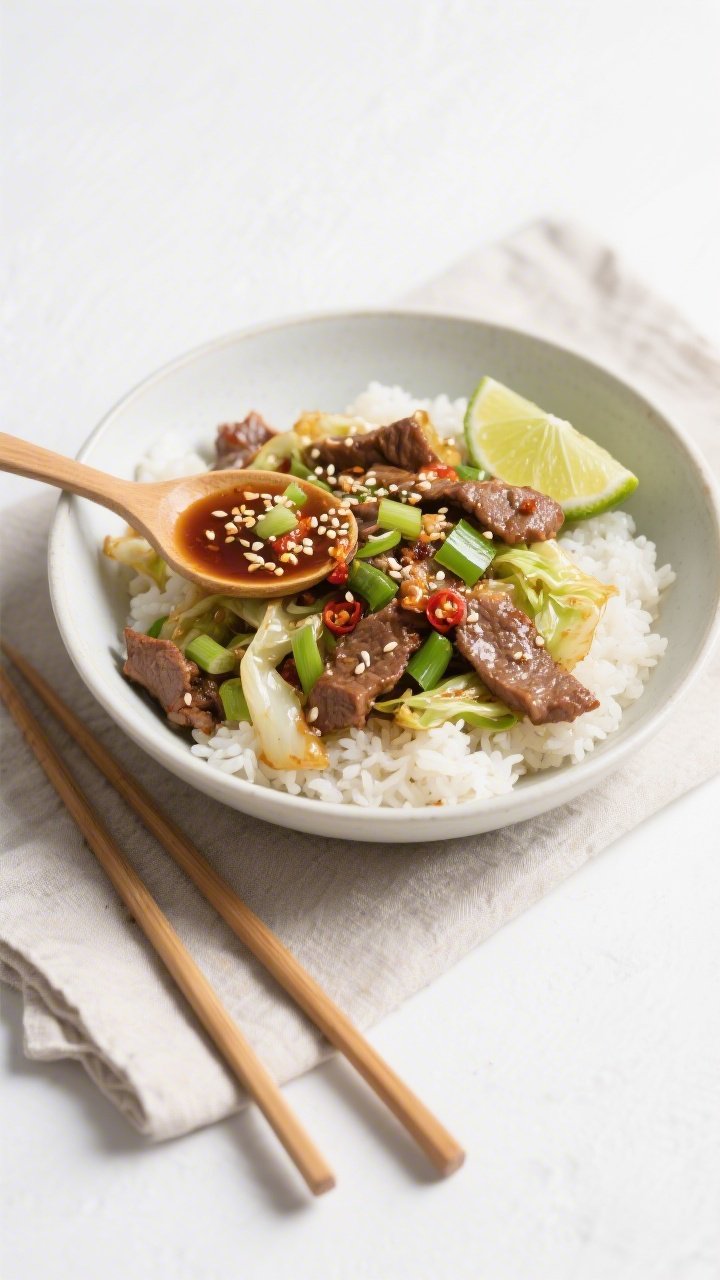 Tasty top view, overhead shot: Spicy Beef & Cabbage Stir Fry spooned over fluffy jasmine rice in a w