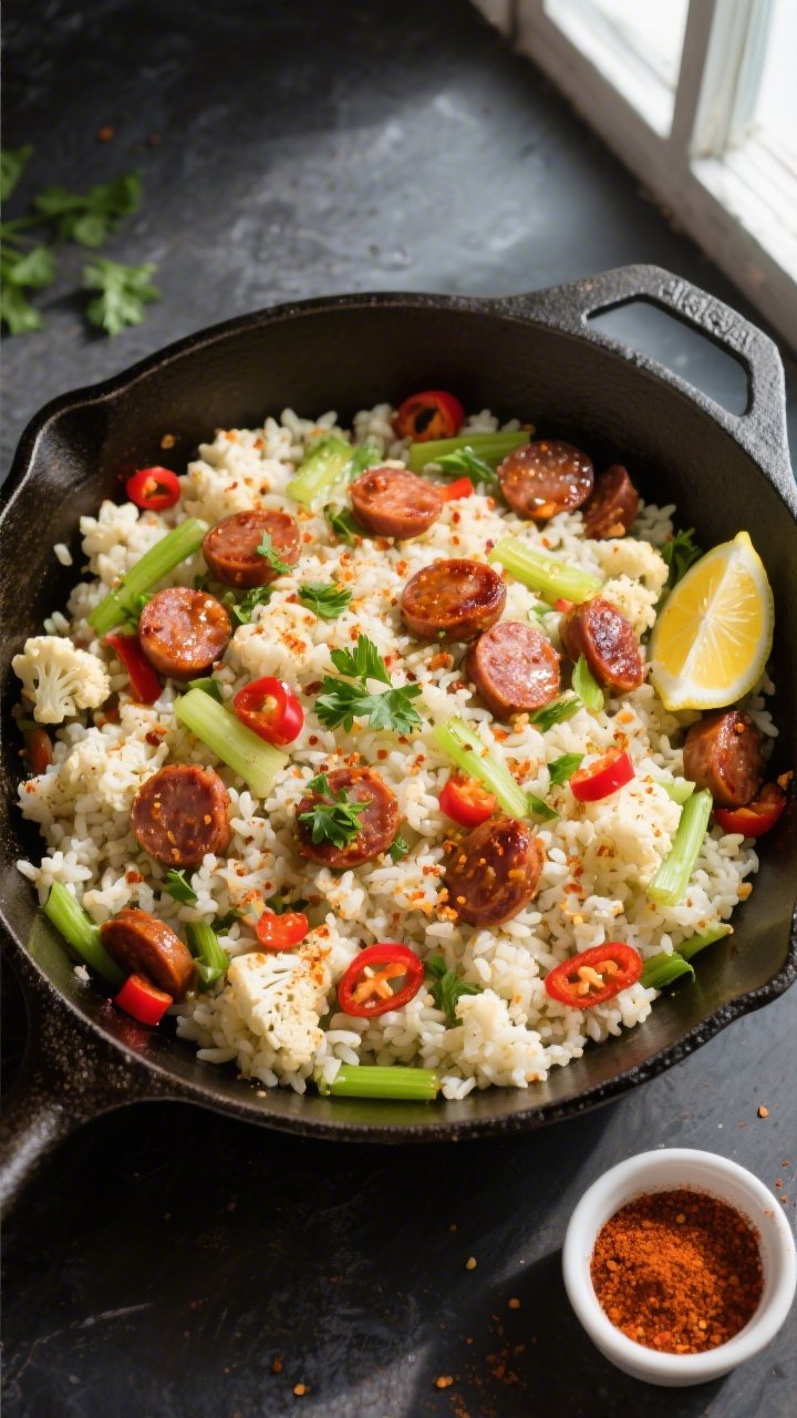 Tasty top view, overhead skillet shot: Overhead shot of Cajun Sausage & Cauliflower Rice in a wide c