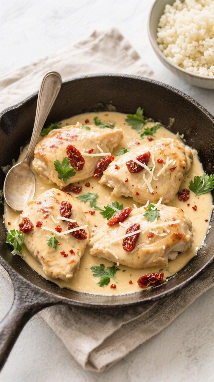 Tasty top view, overhead skillet shot: Overhead shot of the finished Keto Marry Me Chicken in a cast
