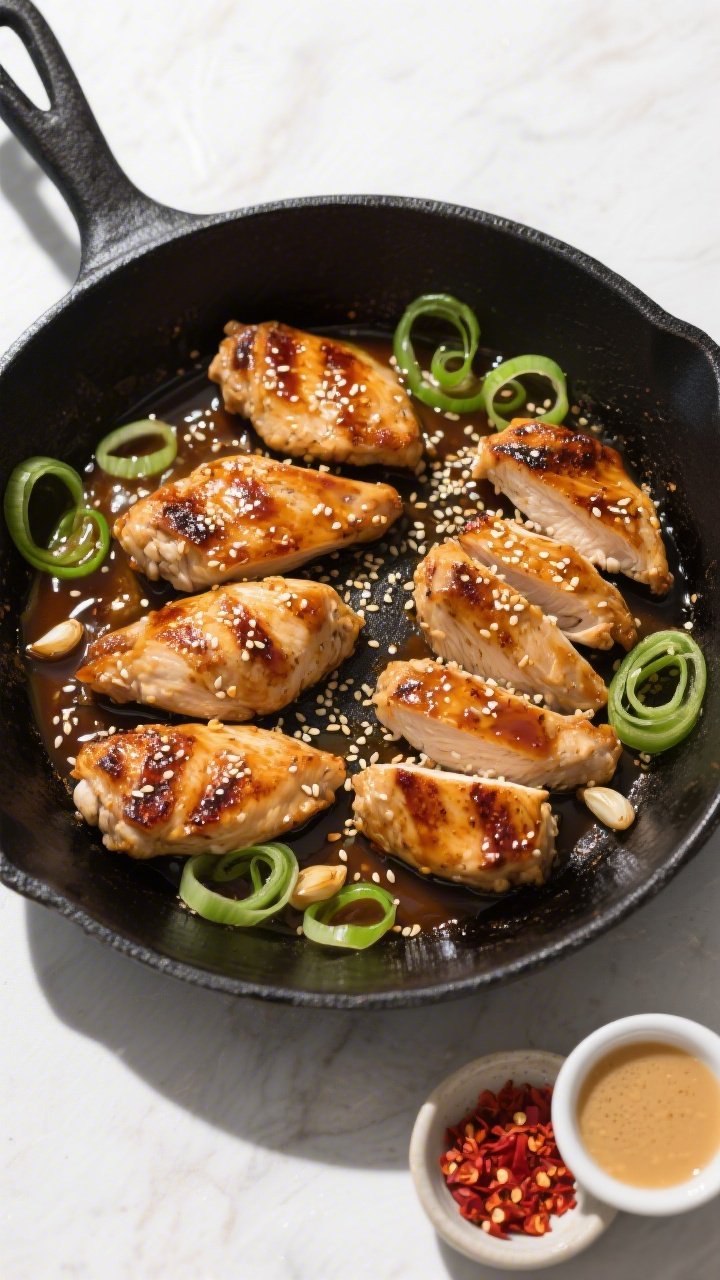 Tasty top view (overhead): Skillet-to-table scene of finished Keto Honey Garlic Chicken arranged in