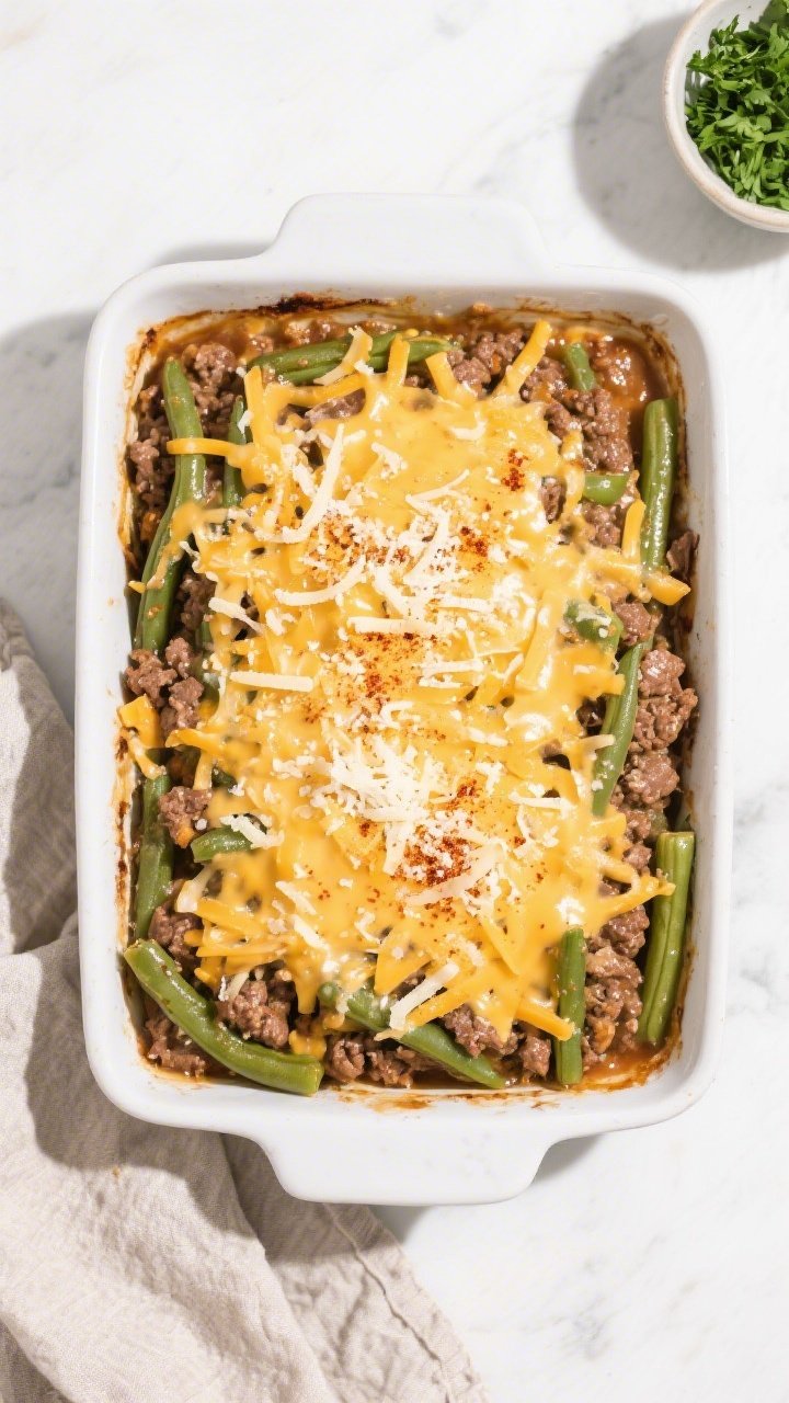 Tasty top view — Pre-bake assembly: Overhead shot of the keto hamburger green bean casserole in a 