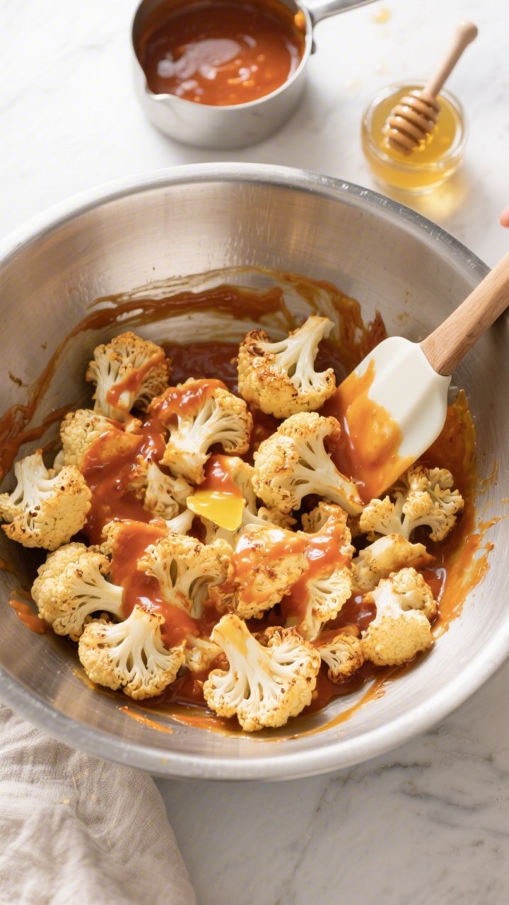 Tasty top-view process shot: Overhead shot of roasted cauliflower florets in a large stainless mixin