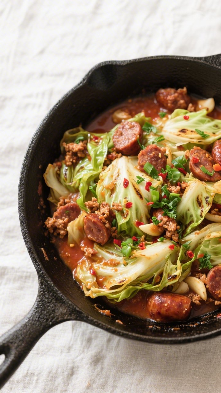 Tasty top view, saucy skillet finish: Overhead shot of the Spicy Sausage & Cabbage Skillet just afte