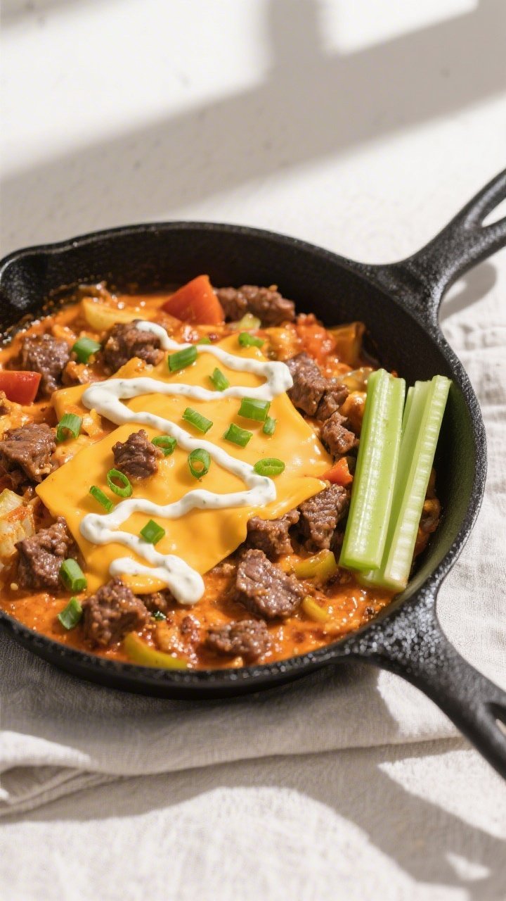 Tasty top view, skillet finish: Overhead shot of the finished Keto Buffalo Hamburger Skillet in a ma