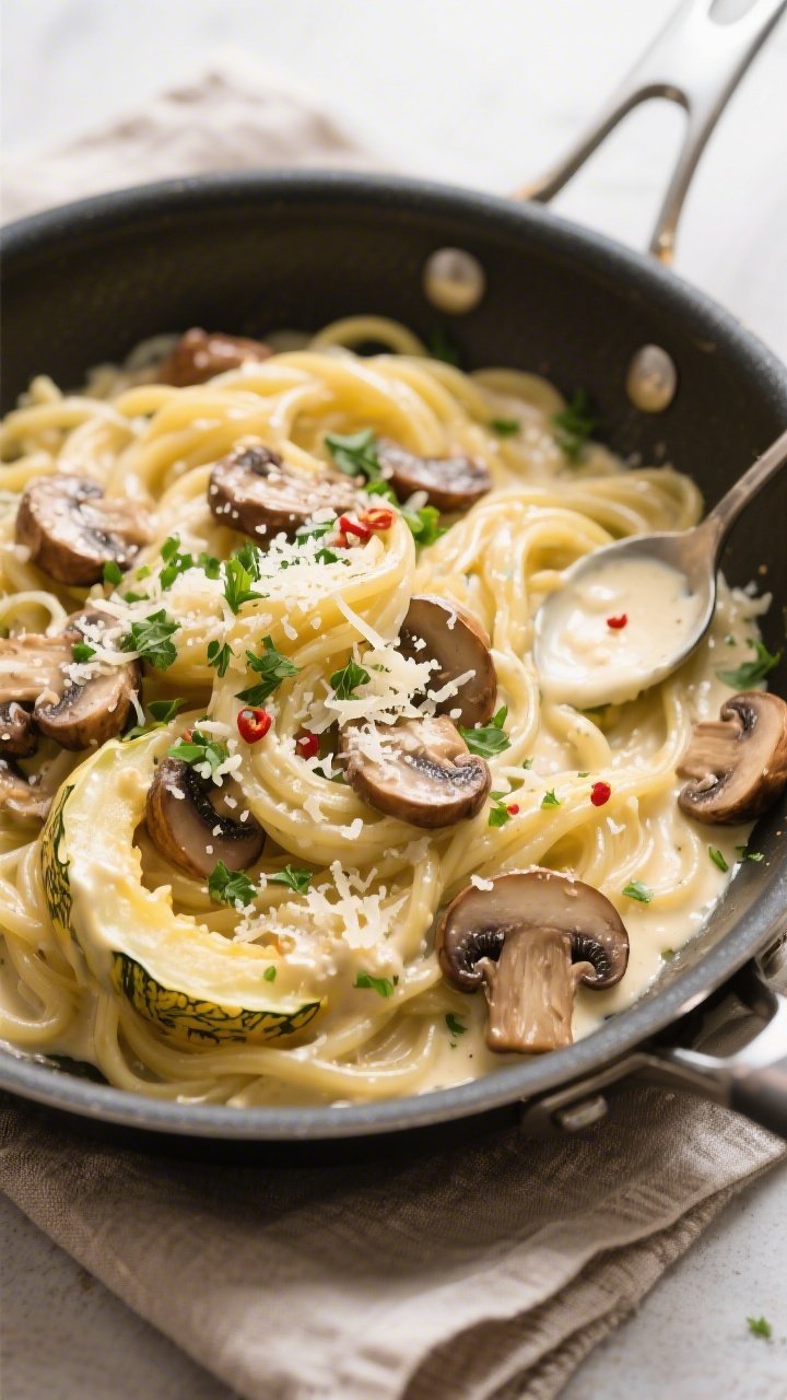 Tasty top view — Spaghetti squash Alfredo in the pan: Overhead shot of silky Alfredo sauce coating