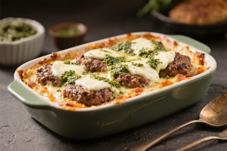 Keto Pesto Mozzarella Hamburger Bake – A Comforting, Low-Carb Crowd-Pleaser
