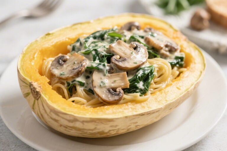 Keto Creamy Spinach Mushroom Spaghetti Squash – Comforting, Low-Carb, and Satisfying
