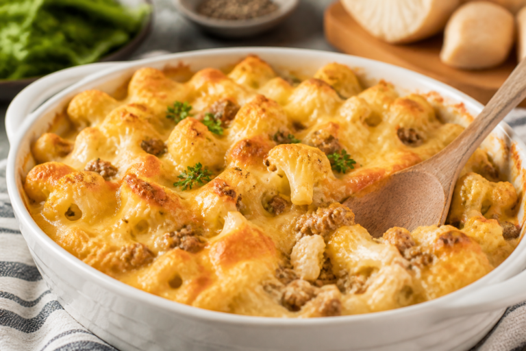Keto Turkey Cauliflower Mac & Cheese Bake – Cozy, Low-Carb Comfort