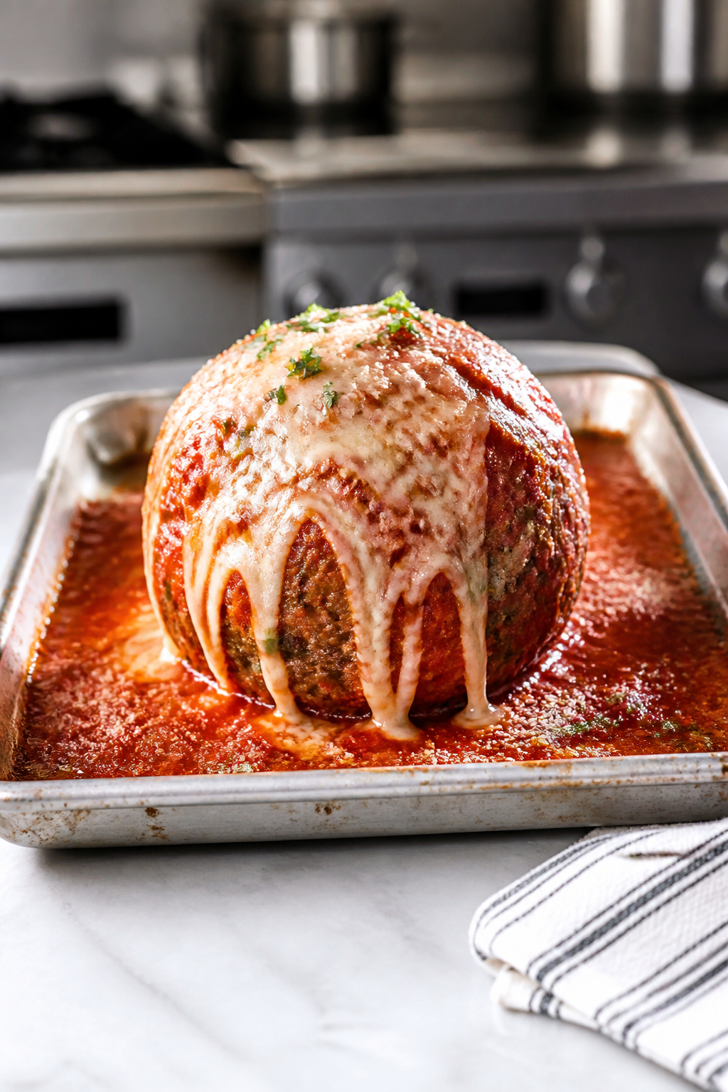 25-inch meatballs; bright, directional kitchen light, crisp contrast, —no hands, just the action s