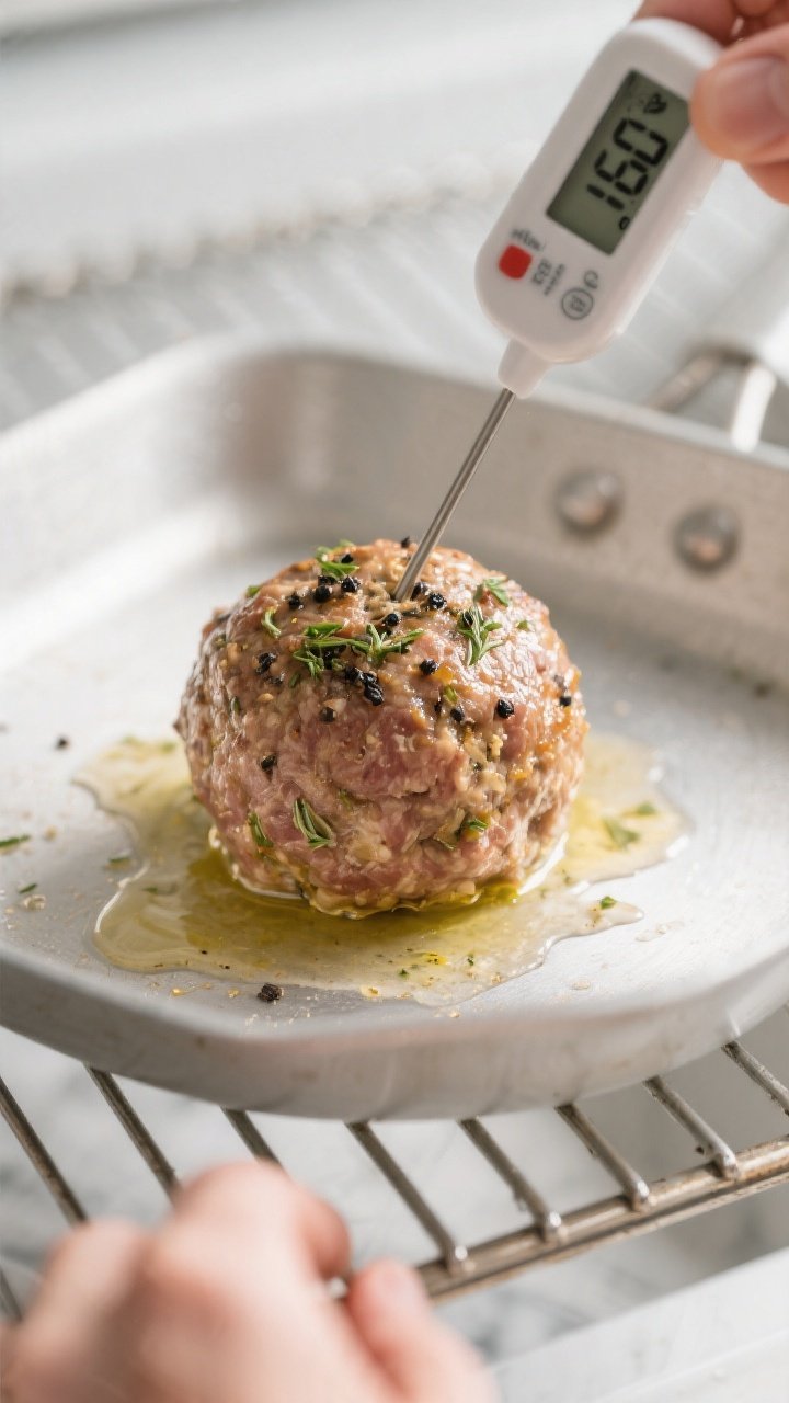 5-inch meatball, a light sheen of olive oil, coarse black pepper and dried Italian herbs visible; in