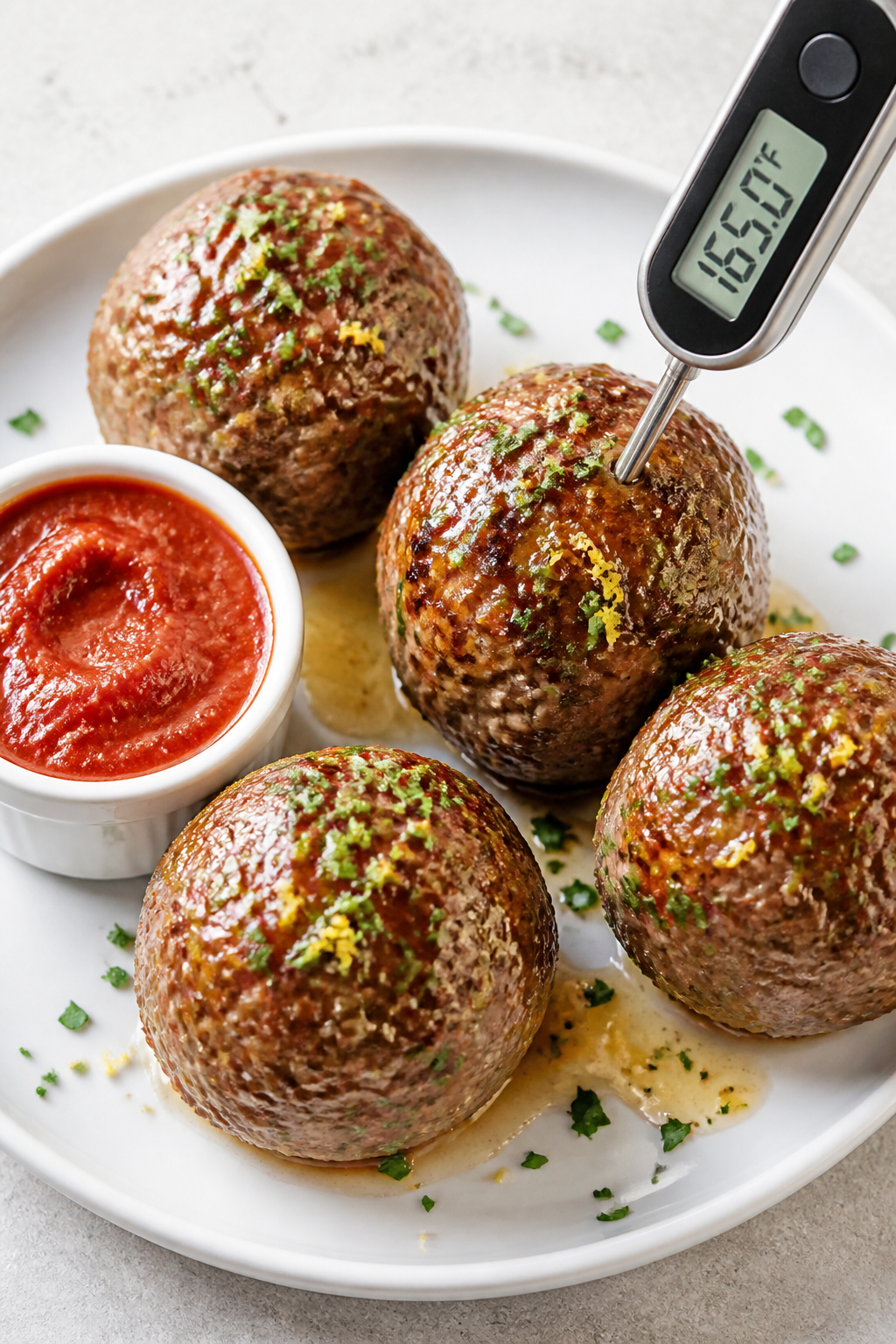 5-inch meatballs glistening with garlic-herb butter, sprinkled with chopped parsley and micro-lemon 