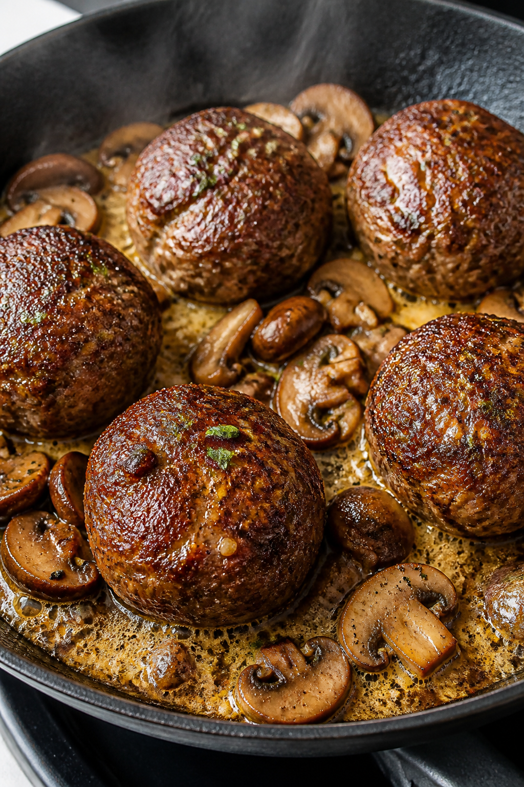 5-inch meatballs nestled among sizzling, browned cremini mushrooms and minced garlic; pan fond visib