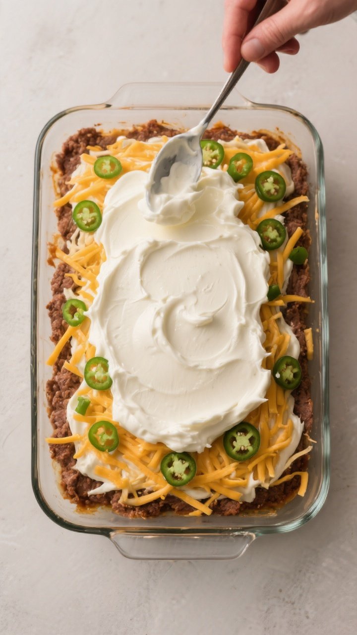 Assembly moment — “million dollar” cheese layer: Overhead shot of a 9x13 baking dish with the 