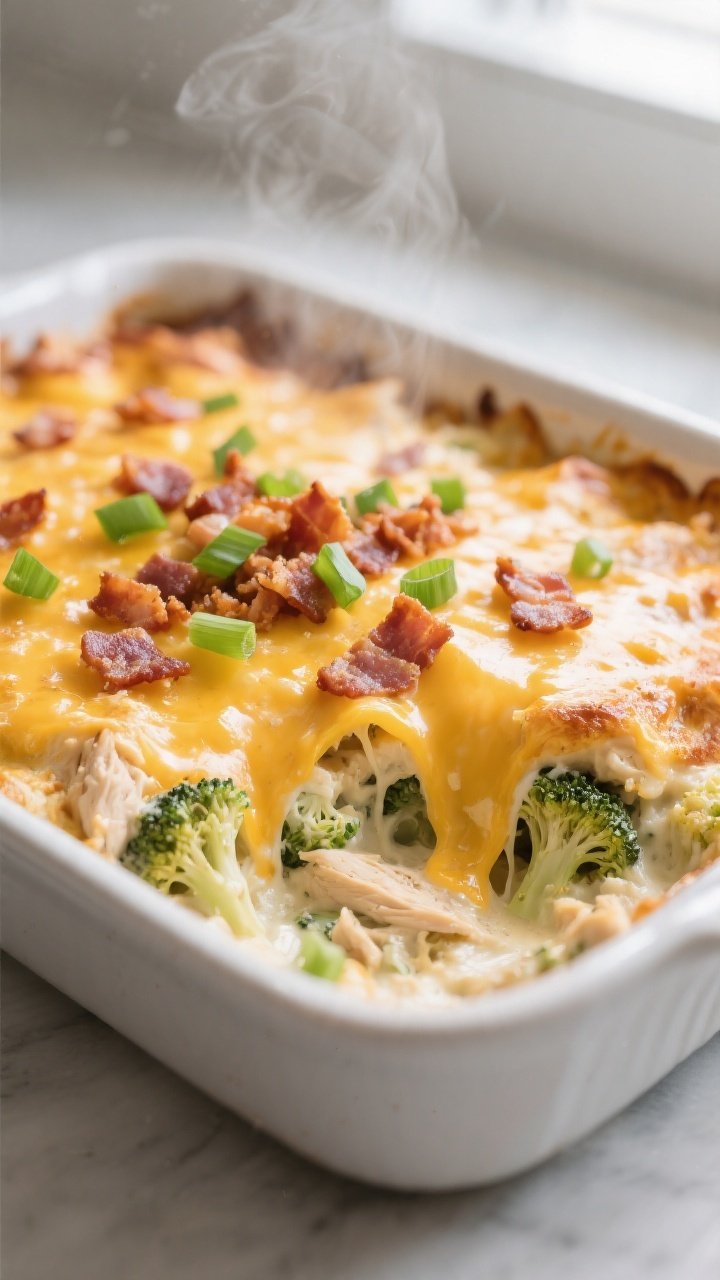 Close-up detail: A bubbling, just-out-of-the-oven Low Carb Crack Chicken Casserole in a 9x13 baking 