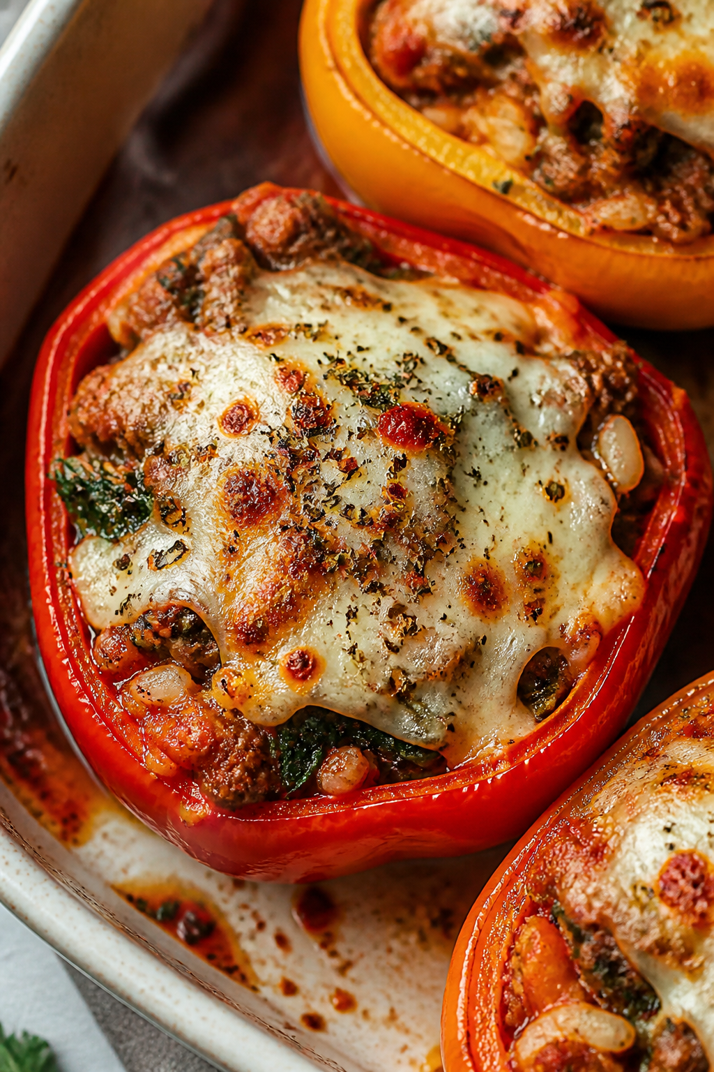 Close-up detail: A halved bell pepper fresh from the oven, stuffed with savory ground turkey, spinac