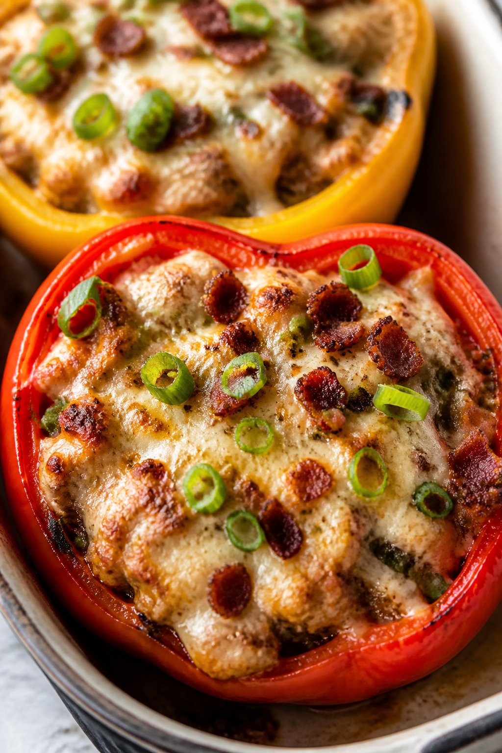 Close-up detail: A just-baked Ground Turkey Crack Stuffed Pepper cut-side up in the pan, cheese bubb