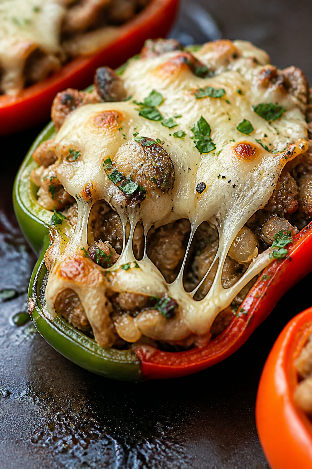 Close-up detail: A just-baked Ground Turkey Philly Stuffed Pepper half on a dark sheet pan, cheese l