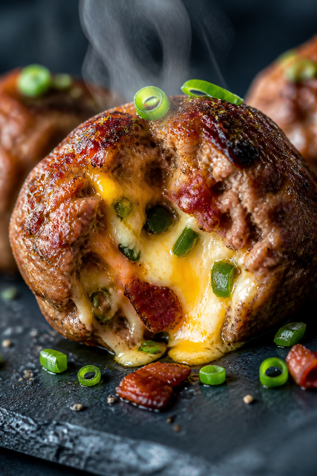 Close-up detail: A just-baked jalapeño popper meatball split open to reveal a molten cream cheese a
