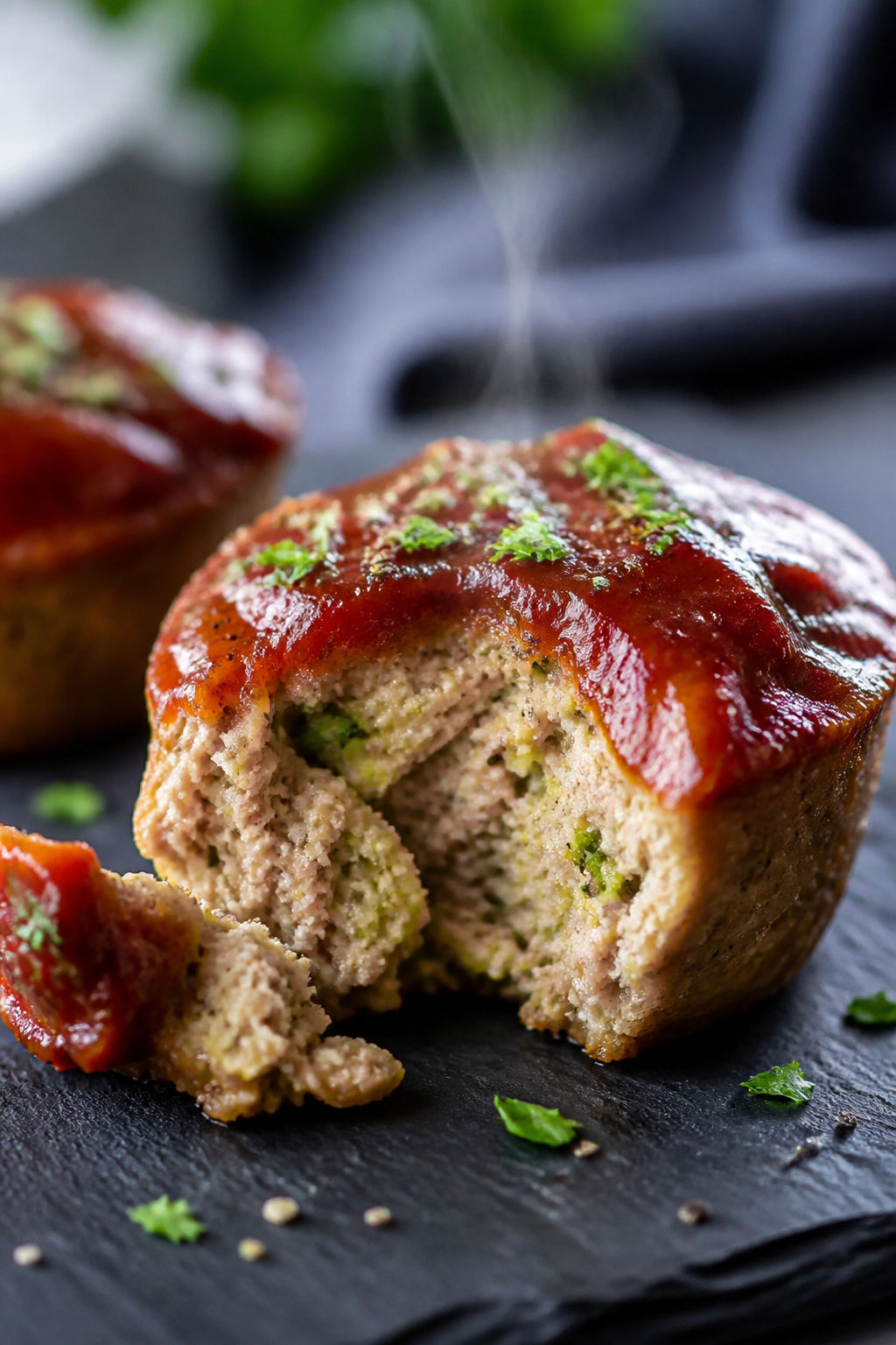 Close-up detail: A just-baked keto turkey meatloaf muffin torn open to reveal juicy, tender ground t