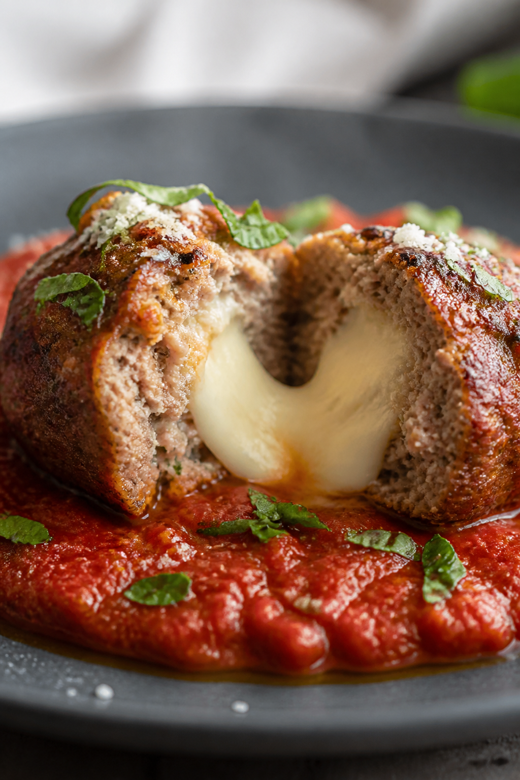 Close-up detail: A sliced-open keto cream cheese stuffed meatball on a warm pool of low-carb marinar
